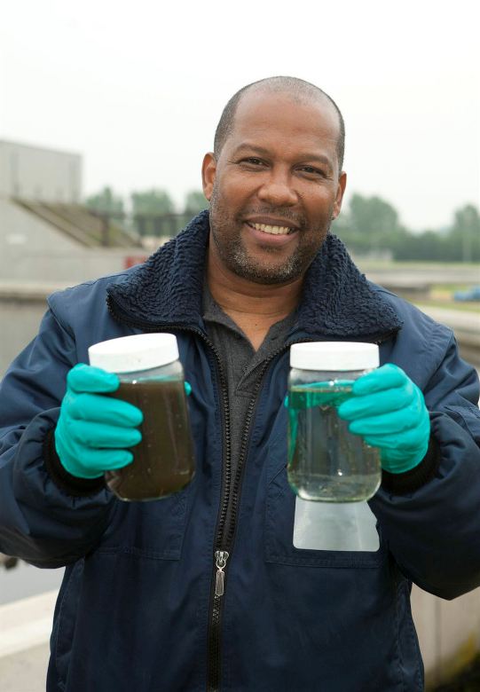 Environmentalist at sewage treatment plant